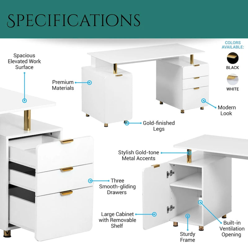 Bureau de direction blanc/noir et or avec 3 tiroirs et caisson, 1 personne