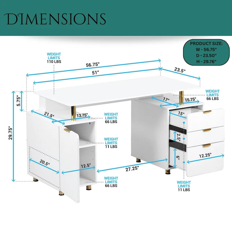 Bureau de direction blanc/noir et or avec 3 tiroirs et caisson, 1 personne