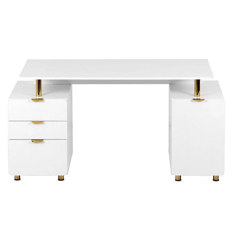 Bureau de direction blanc/noir et or avec 3 tiroirs et caisson, 1 personne