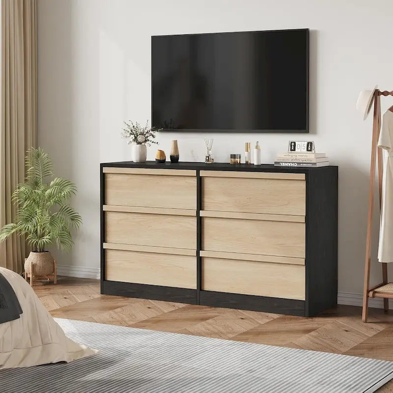 Commode noire et marron à 6 tiroirs, style moderne, 1 place