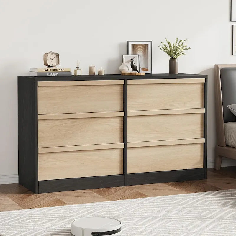 Commode noire et marron à 6 tiroirs, style moderne, 1 place
