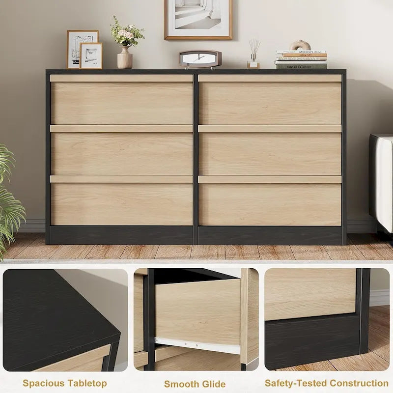 Commode noire et marron à 6 tiroirs, style moderne, 1 place