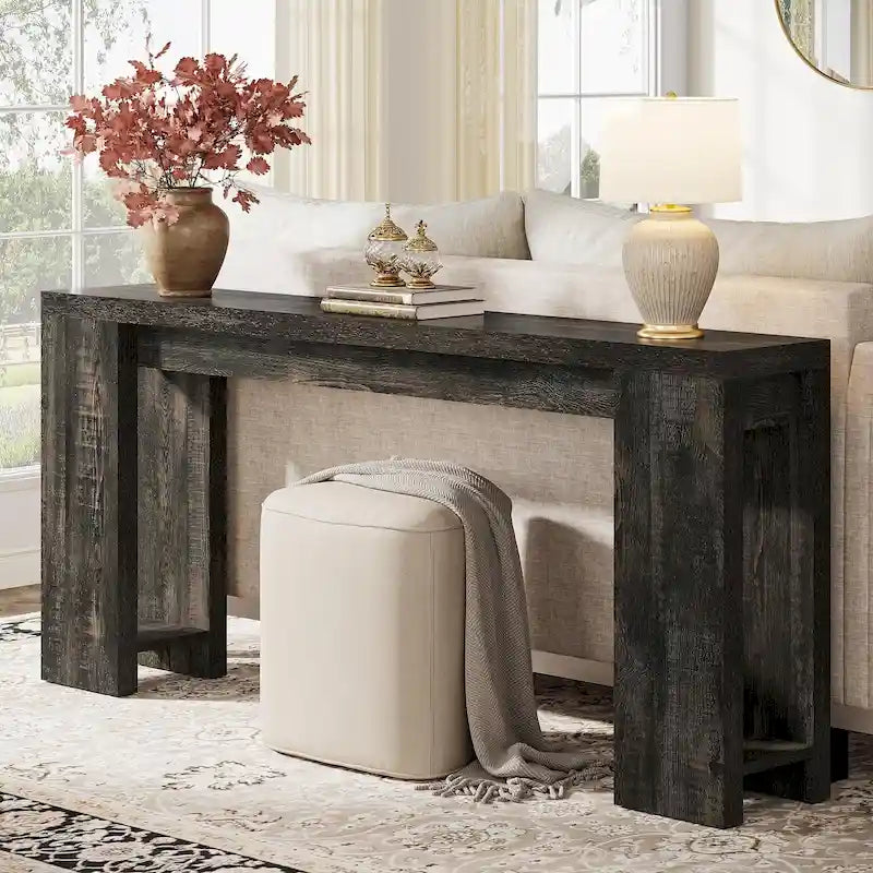 Console étroite gris/marron/noir/blanc, style plat, 180 cm L, assemblage 1 personne