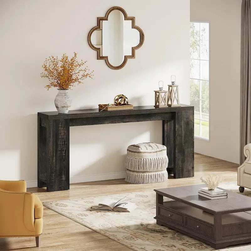 Console étroite gris/marron/noir/blanc, style plat, 180 cm L, assemblage 1 personne