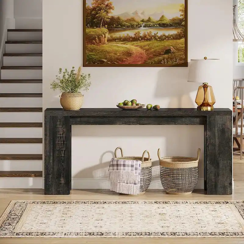 Console étroite gris/marron/noir/blanc, style plat, 180 cm L, assemblage 1 personne