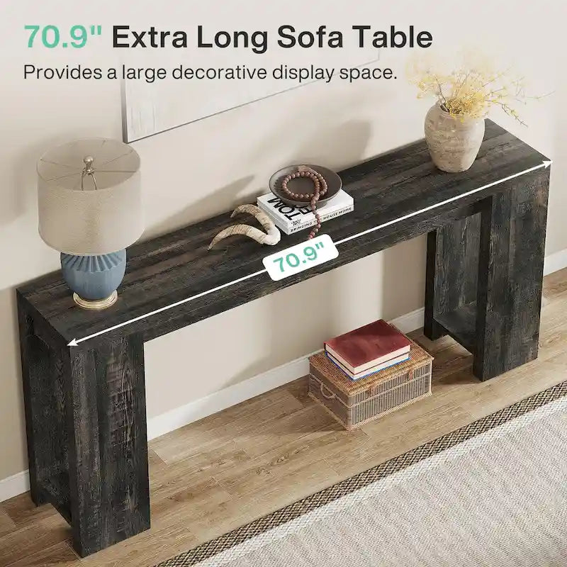 Console étroite gris/marron/noir/blanc, style plat, 180 cm L, assemblage 1 personne