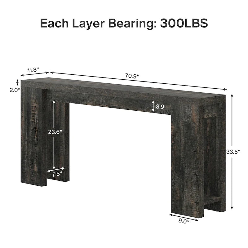 Console étroite gris/marron/noir/blanc, style plat, 180 cm L, assemblage 1 personne