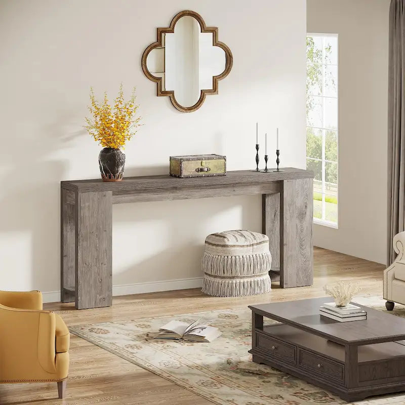 Console étroite gris/marron/noir/blanc, style plat, 180 cm L, assemblage 1 personne