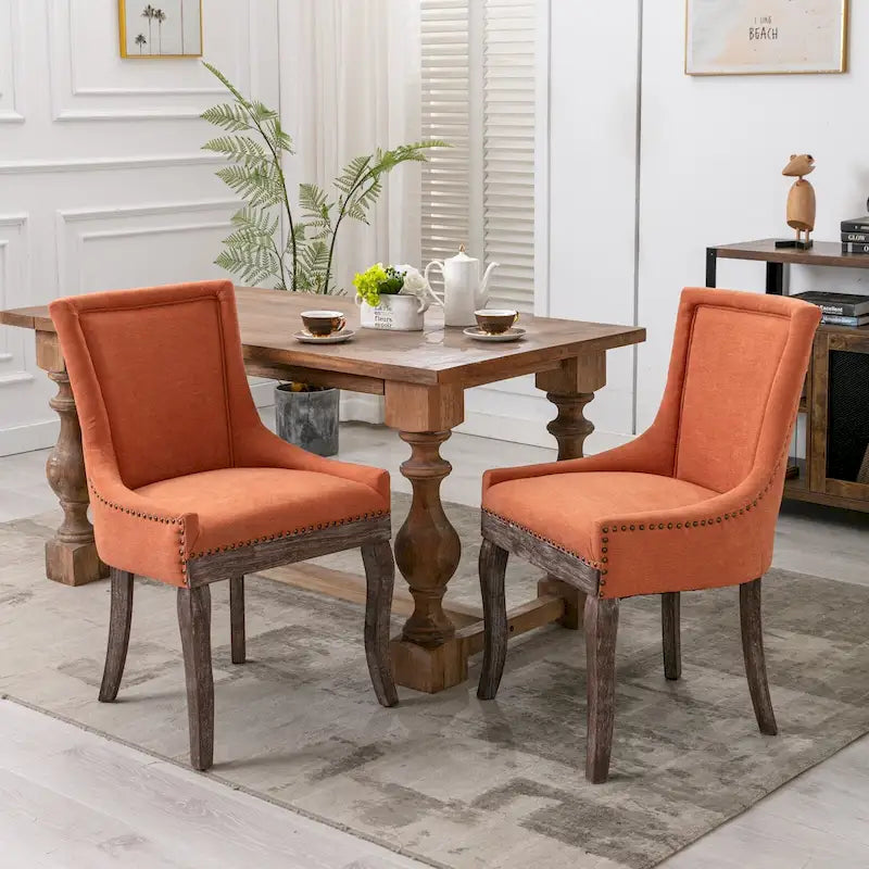 Chaise de salle à manger en tissu bleu/orange/gris avec clous décoratifs couleur bronze, lot de 2