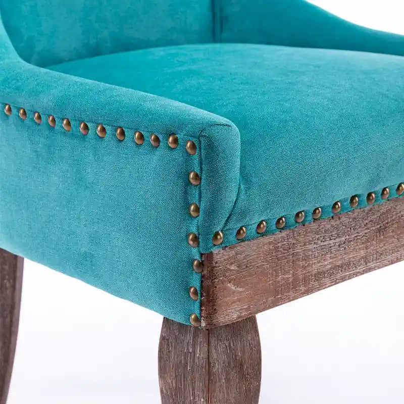 Chaise de salle à manger en tissu bleu/orange/gris avec clous décoratifs couleur bronze, lot de 2
