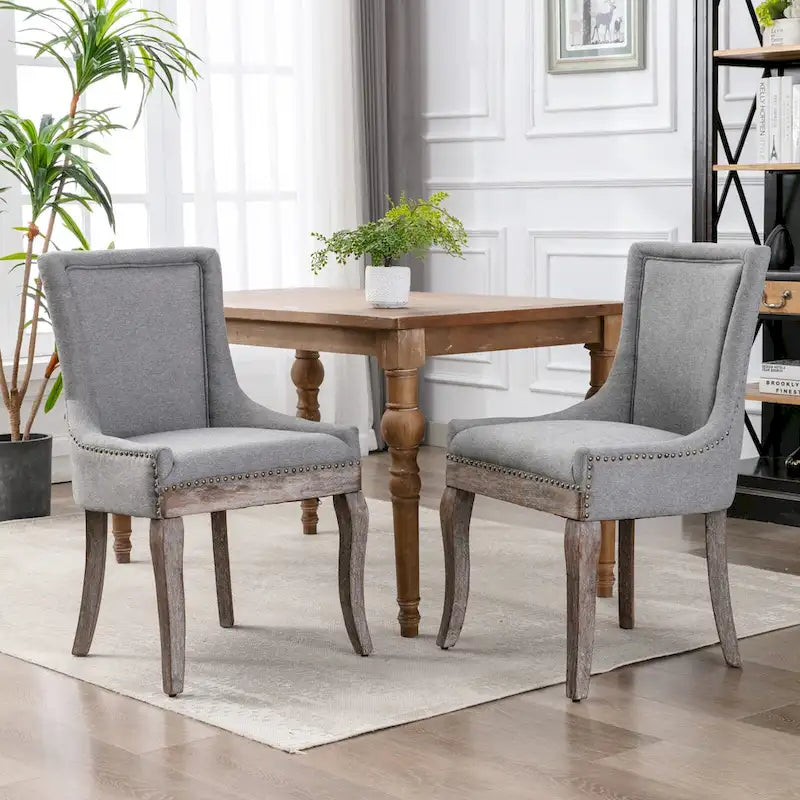 Chaise de salle à manger en tissu bleu/orange/gris avec clous décoratifs couleur bronze, lot de 2