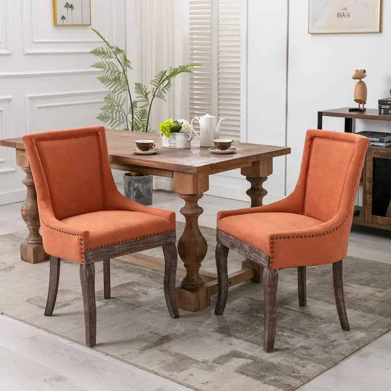 Chaise de salle à manger en tissu bleu/orange/gris avec clous décoratifs couleur bronze, lot de 2