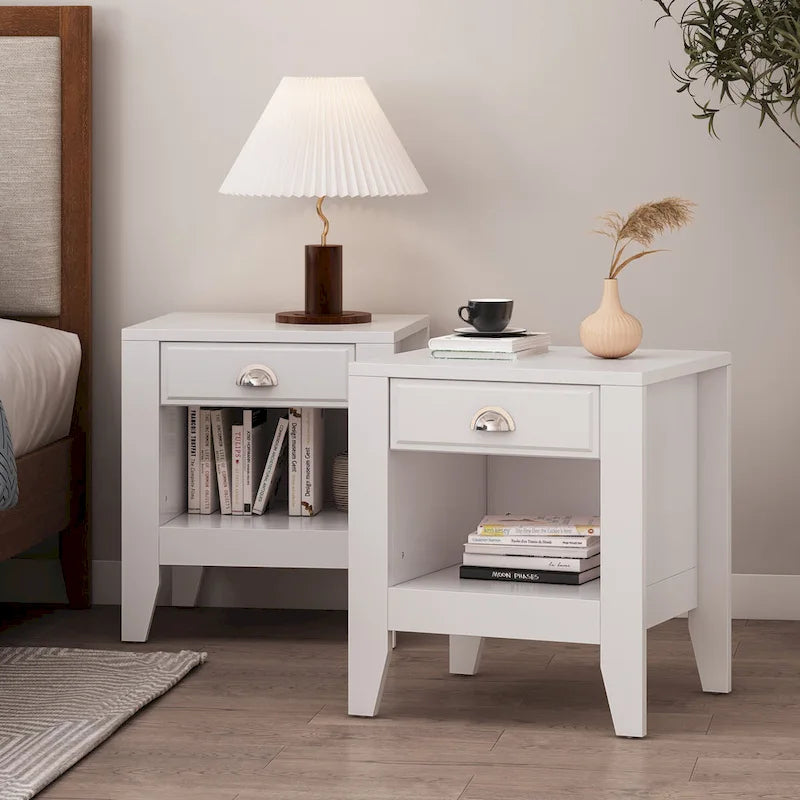 Table de chevet en similicuir blanc/noir avec tiroir, lot de 2
