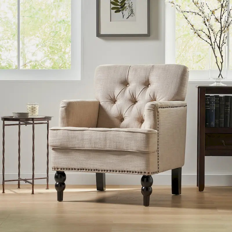 Fauteuil club capitonné beige / bleu clair / sarcelle foncé, une place