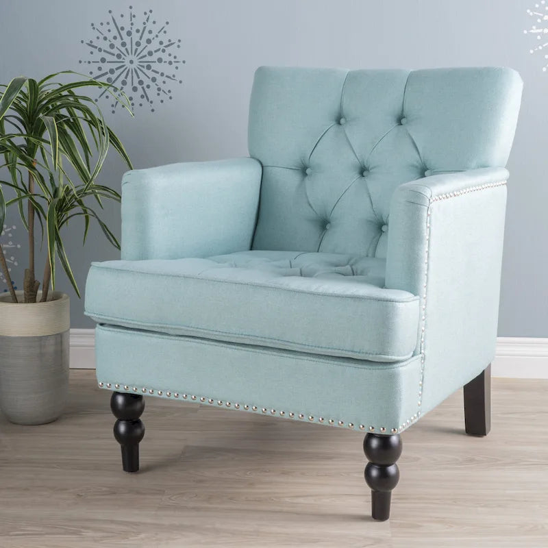 Fauteuil club capitonné beige / bleu clair / sarcelle foncé, une place