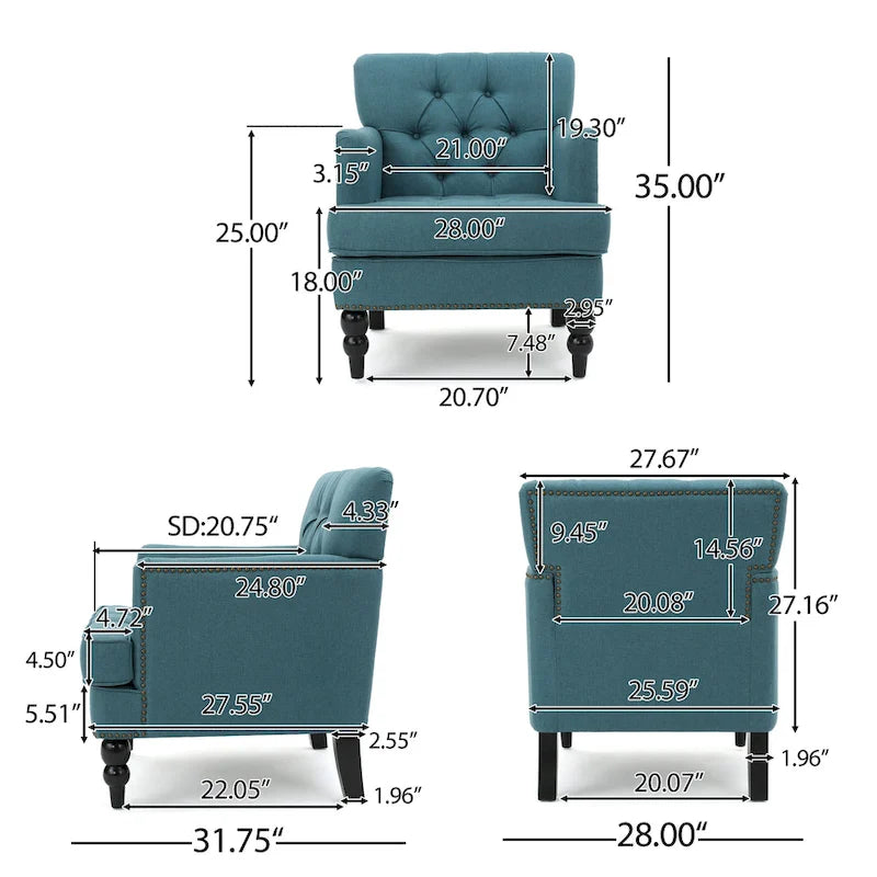 Fauteuil club capitonné beige / bleu clair / sarcelle foncé, une place