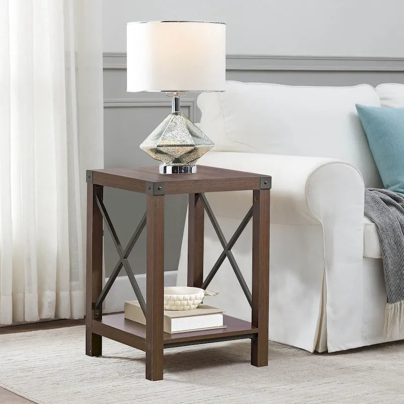 Table d'appoint à 2 niveaux gris/marron avec étagère de rangement, cadre en métal et plateau en bois