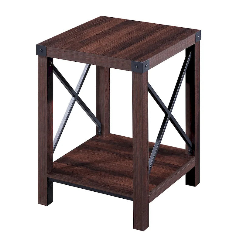Table d'appoint à 2 niveaux gris/marron avec étagère de rangement, cadre en métal et plateau en bois