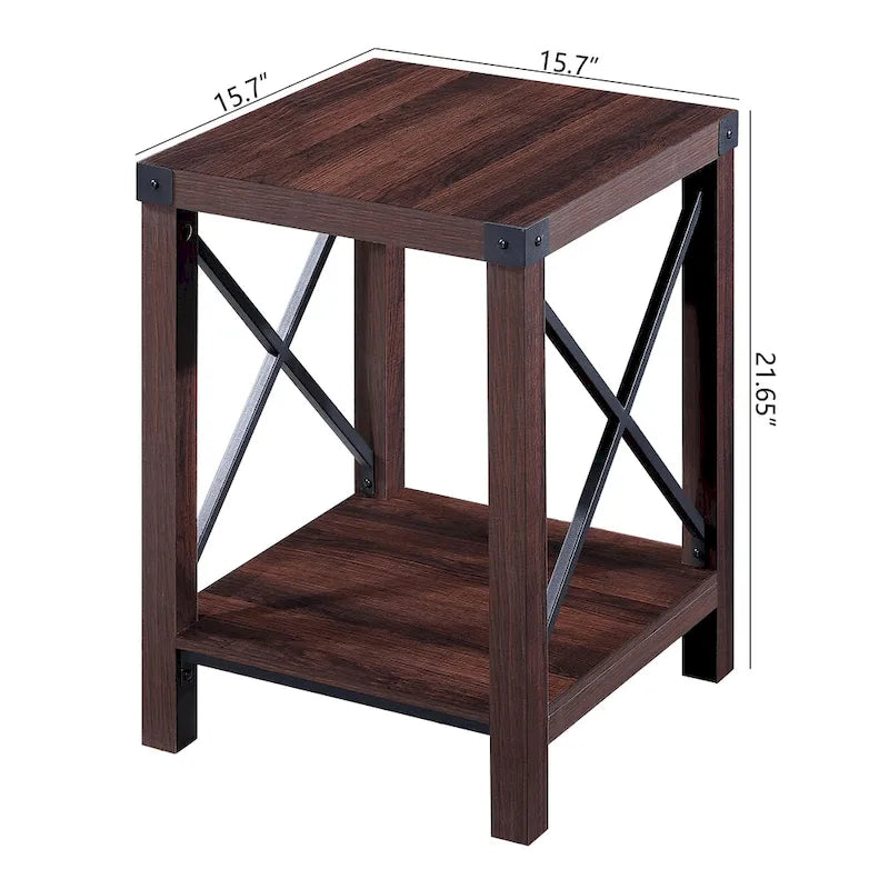 Table d'appoint à 2 niveaux gris/marron avec étagère de rangement, cadre en métal et plateau en bois