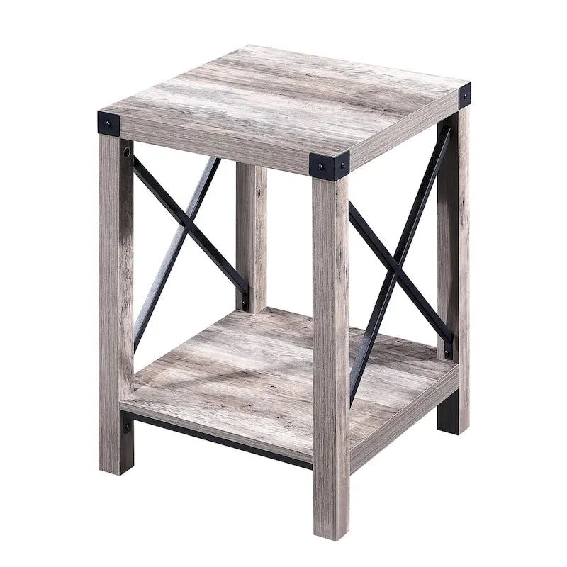 Table d'appoint à 2 niveaux gris/marron avec étagère de rangement, cadre en métal et plateau en bois