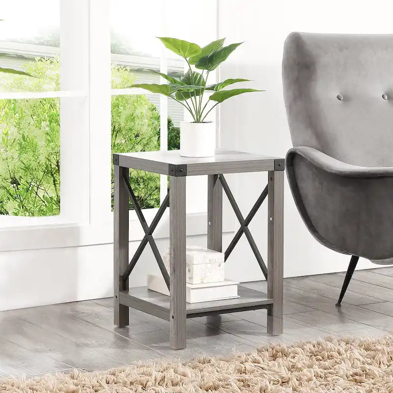 Table d'appoint à 2 niveaux gris/marron avec étagère de rangement, cadre en métal et plateau en bois
