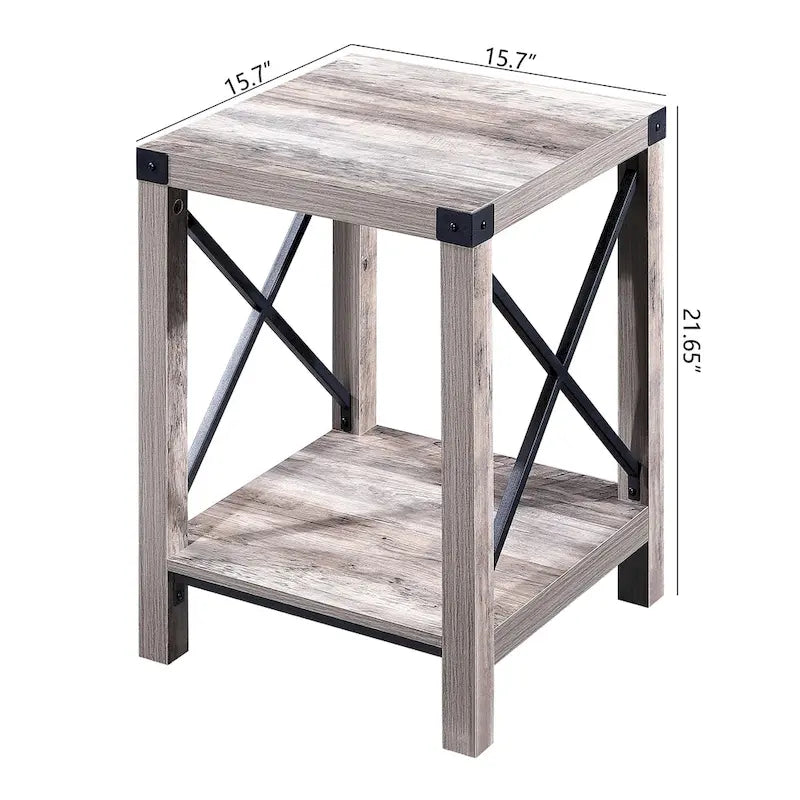 Table d'appoint à 2 niveaux gris/marron avec étagère de rangement, cadre en métal et plateau en bois
