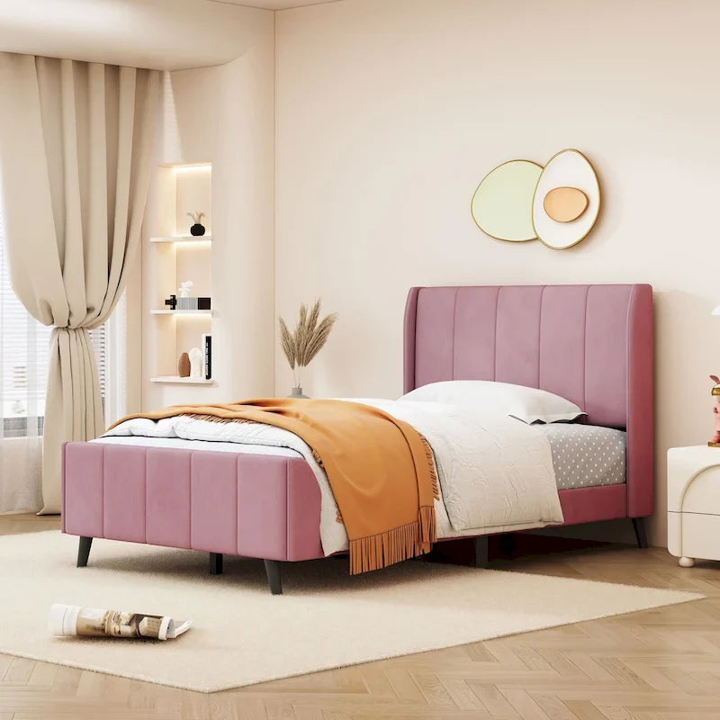Lit plateforme capitonné en velours gris/beige/rose – Jumeau/Double/Queen, 2 personnes