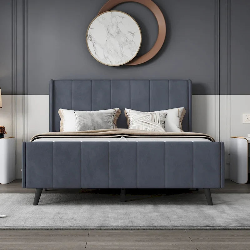 Lit plateforme capitonné en velours gris/beige/rose – Jumeau/Double/Queen, 2 personnes