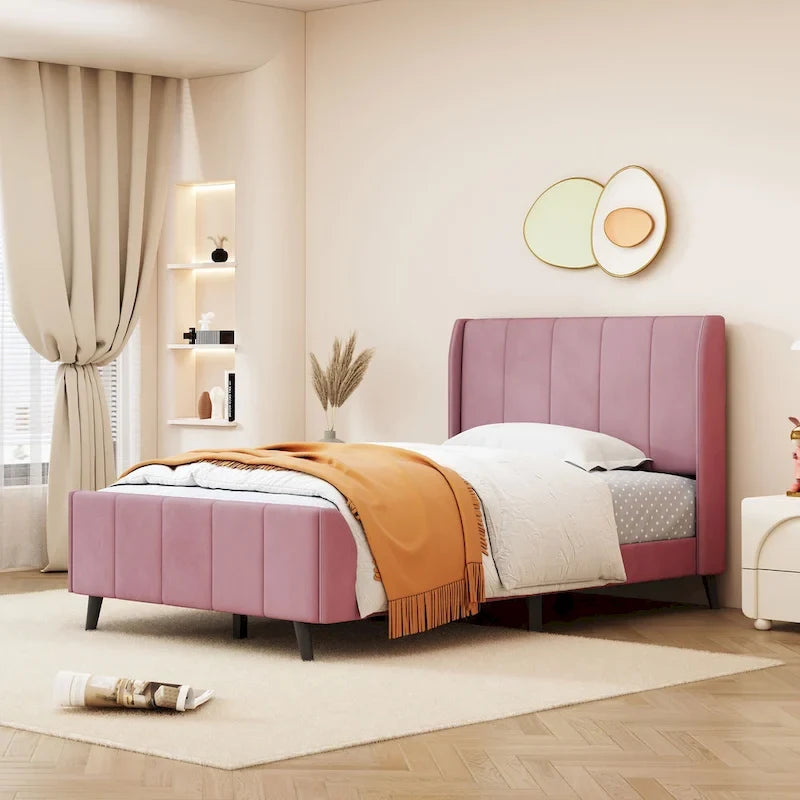 Lit plateforme capitonné en velours gris/beige/rose – Jumeau/Double/Queen, 2 personnes