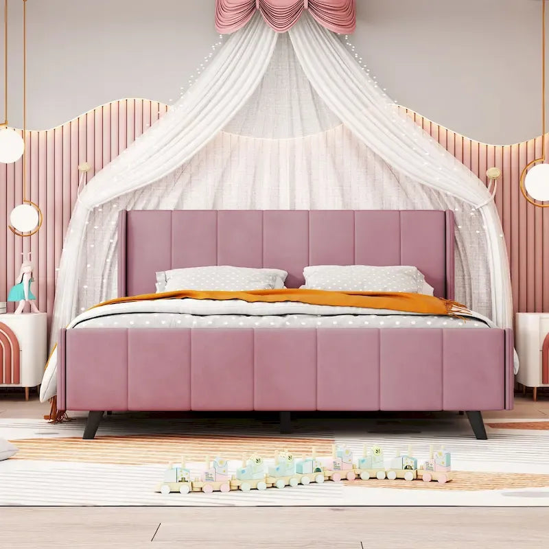 Lit plateforme capitonné en velours gris/beige/rose – Jumeau/Double/Queen, 2 personnes