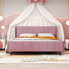 Lit plateforme capitonné en velours gris/beige/rose – Jumeau/Double/Queen, 2 personnes
