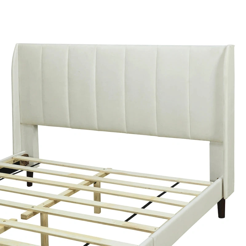 Lit plateforme capitonné en velours gris/beige/rose – Jumeau/Double/Queen, 2 personnes