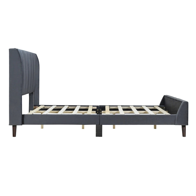 Lit plateforme capitonné en velours gris/beige/rose – Jumeau/Double/Queen, 2 personnes