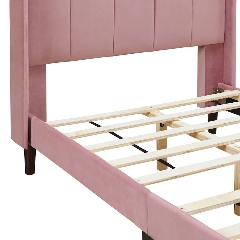 Lit plateforme capitonné en velours gris/beige/rose – Jumeau/Double/Queen, 2 personnes