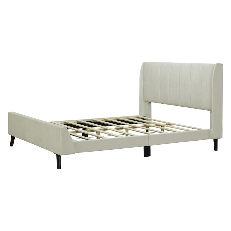 Lit plateforme capitonné en velours gris/beige/rose – Jumeau/Double/Queen, 2 personnes