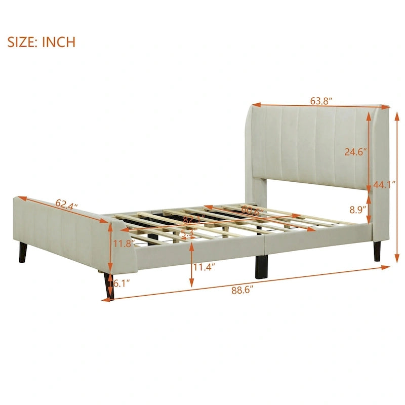 Lit plateforme capitonné en velours gris/beige/rose – Jumeau/Double/Queen, 2 personnes