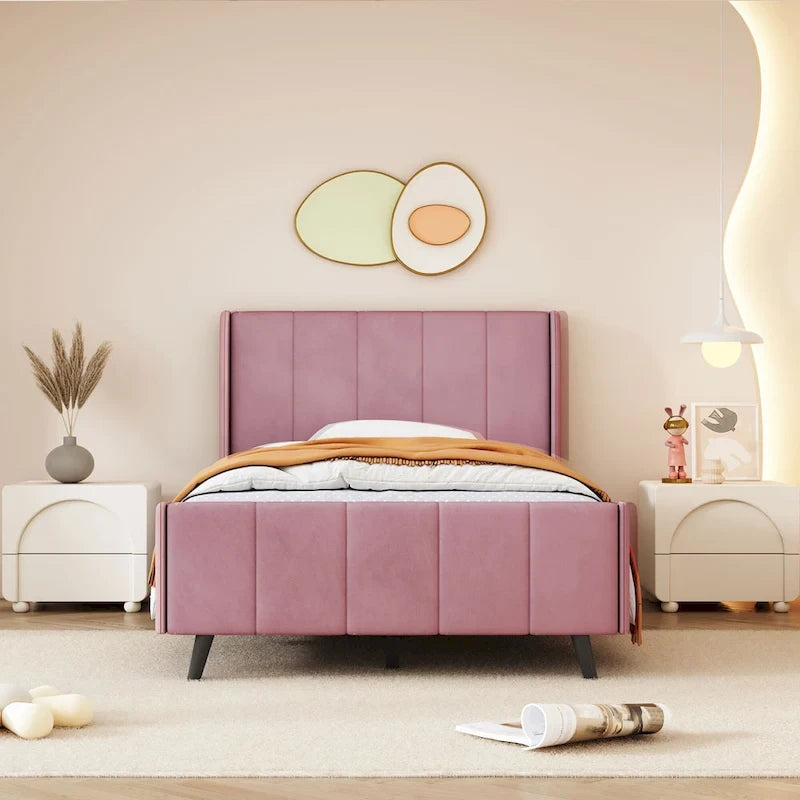 Lit plateforme capitonné en velours gris/beige/rose – Jumeau/Double/Queen, 2 personnes