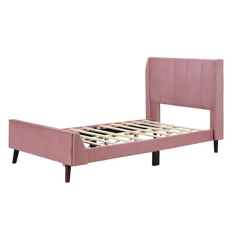 Lit plateforme capitonné en velours gris/beige/rose – Jumeau/Double/Queen, 2 personnes