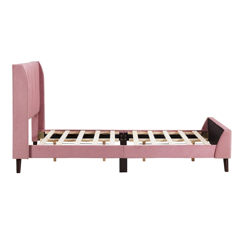 Lit plateforme capitonné en velours gris/beige/rose – Jumeau/Double/Queen, 2 personnes