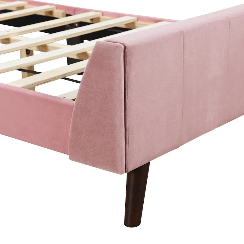 Lit plateforme capitonné en velours gris/beige/rose – Jumeau/Double/Queen, 2 personnes