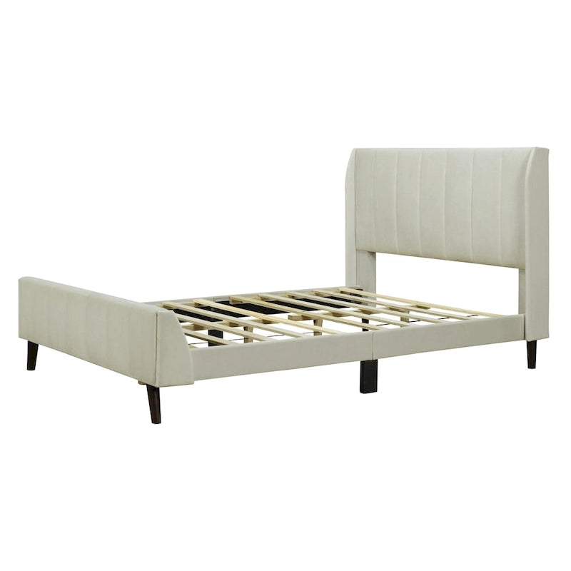 Lit plateforme capitonné en velours gris/beige/rose – Jumeau/Double/Queen, 2 personnes