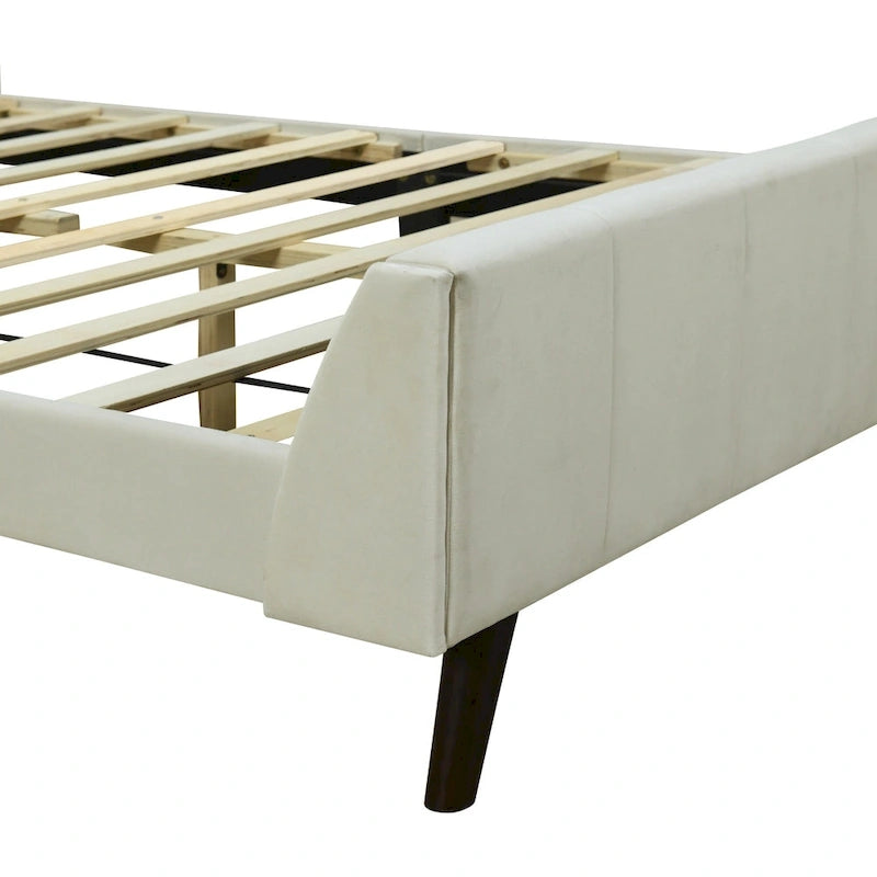 Lit plateforme capitonné en velours gris/beige/rose – Jumeau/Double/Queen, 2 personnes