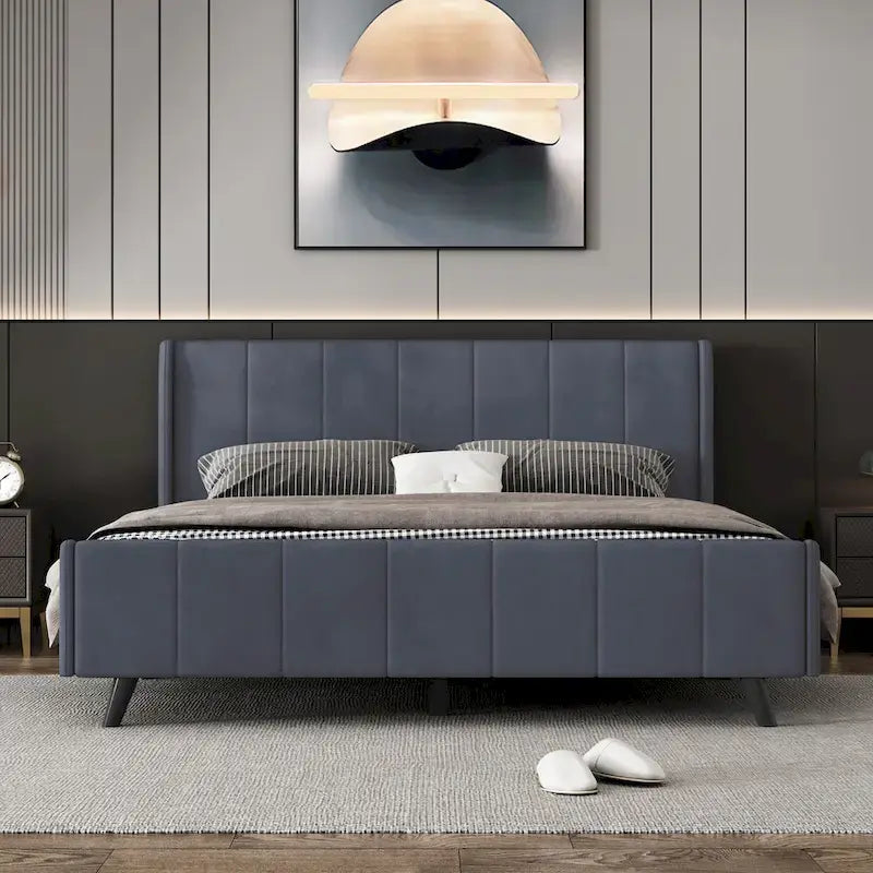 Lit plateforme capitonné en velours gris/beige/rose – Jumeau/Double/Queen, 2 personnes