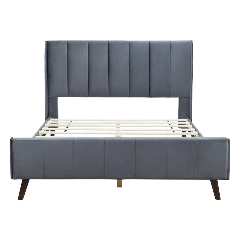 Lit plateforme capitonné en velours gris/beige/rose – Jumeau/Double/Queen, 2 personnes