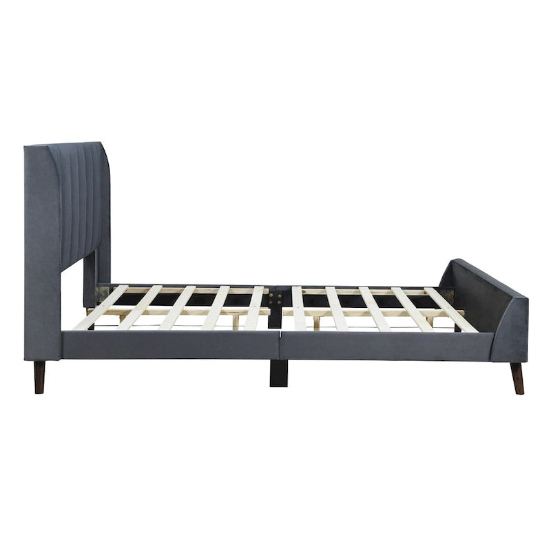 Lit plateforme capitonné en velours gris/beige/rose – Jumeau/Double/Queen, 2 personnes