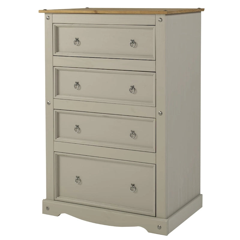 Commode à 4 tiroirs en pin massif, style rustique, finition brun antique/gris lavé/blanc lavé/acajou