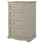 Commode à 4 tiroirs en pin massif, style rustique, finition brun antique/gris lavé/blanc lavé/acajou