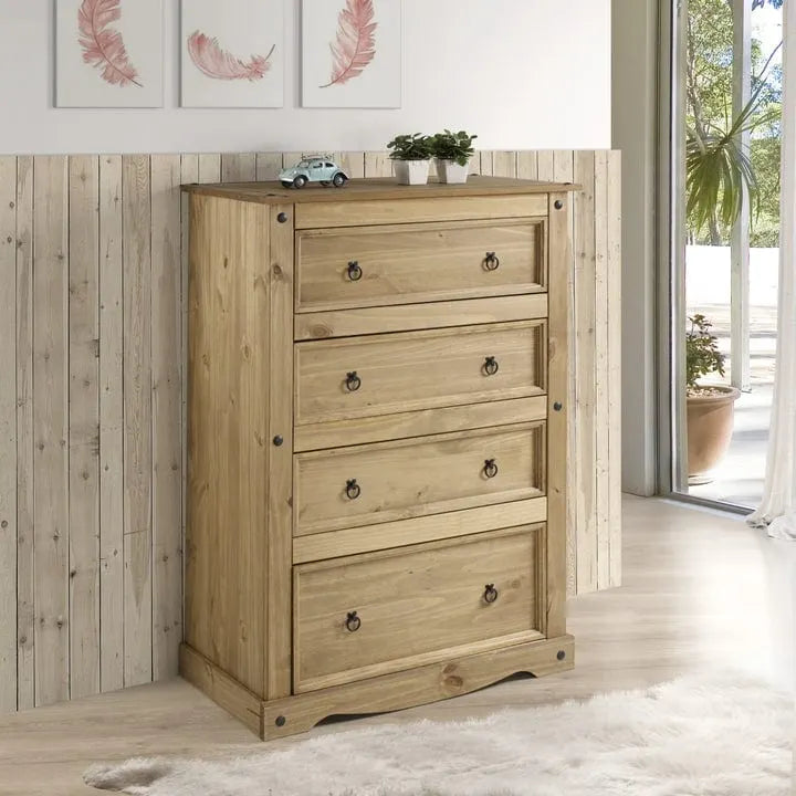 Commode à 4 tiroirs en pin massif, style rustique, finition brun antique/gris lavé/blanc lavé/acajou