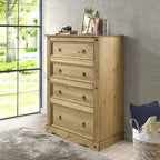 Commode à 4 tiroirs en pin massif, style rustique, finition brun antique/gris lavé/blanc lavé/acajou