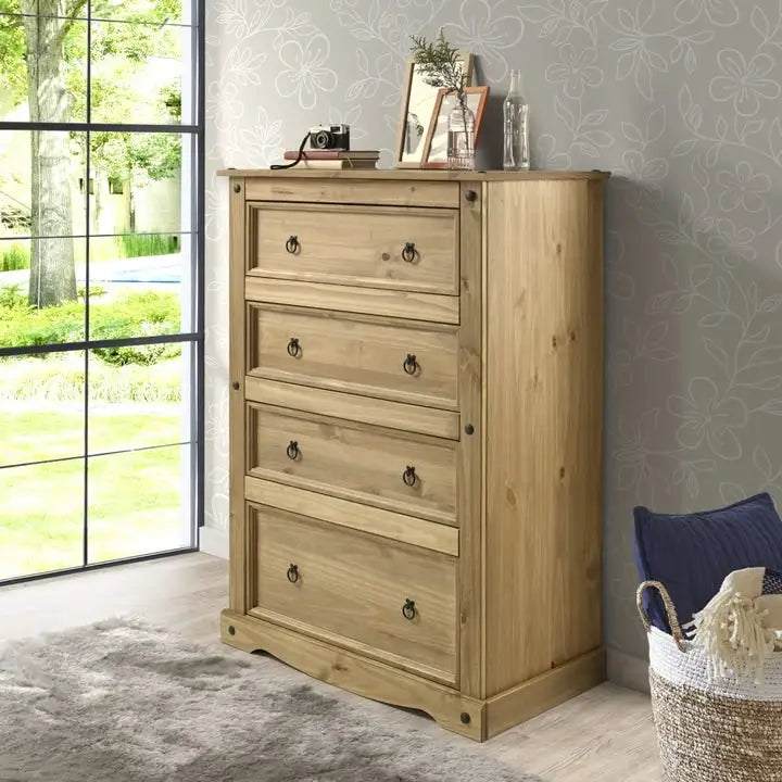 Commode à 4 tiroirs en pin massif, style rustique, finition brun antique/gris lavé/blanc lavé/acajou